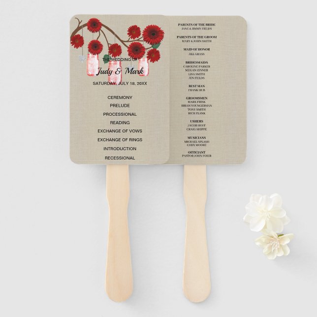 Burlap Rustic Red Floral Mason Jars Wedding Hand Fan (Front and Back)