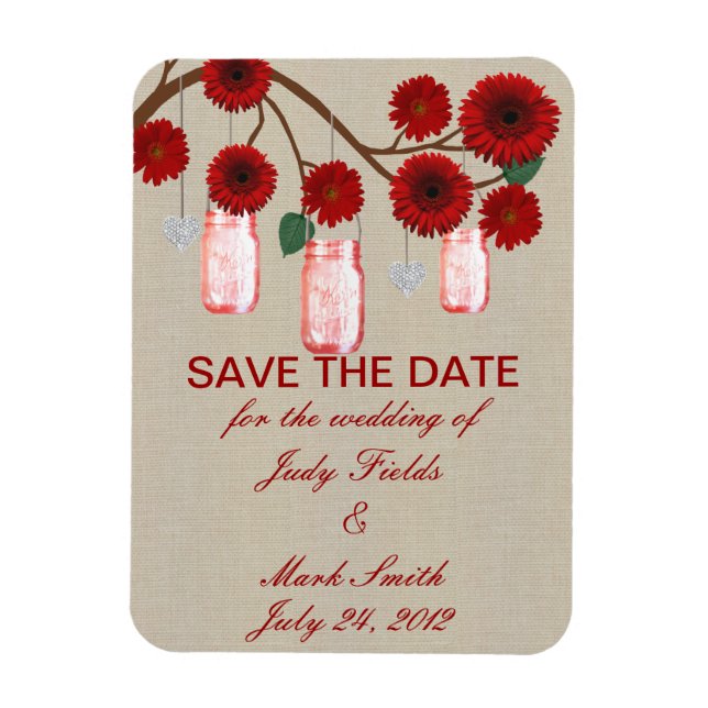 Burlap Rustic Red Mason Jars Save The Date Magnet (Vertical)