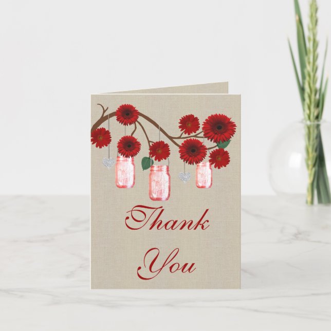 Burlap Rustic Red Mason Jars Thank You Card (Front)
