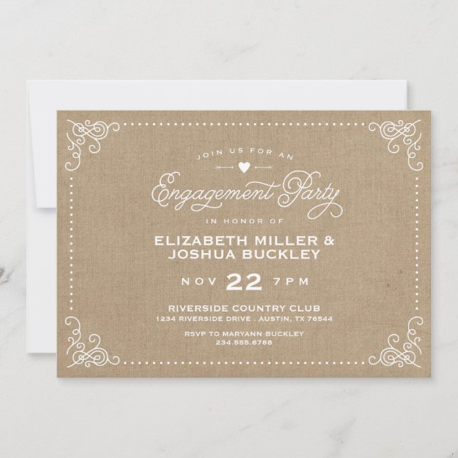 Burlap Rustic Script Engagement Party Invitation (Front)