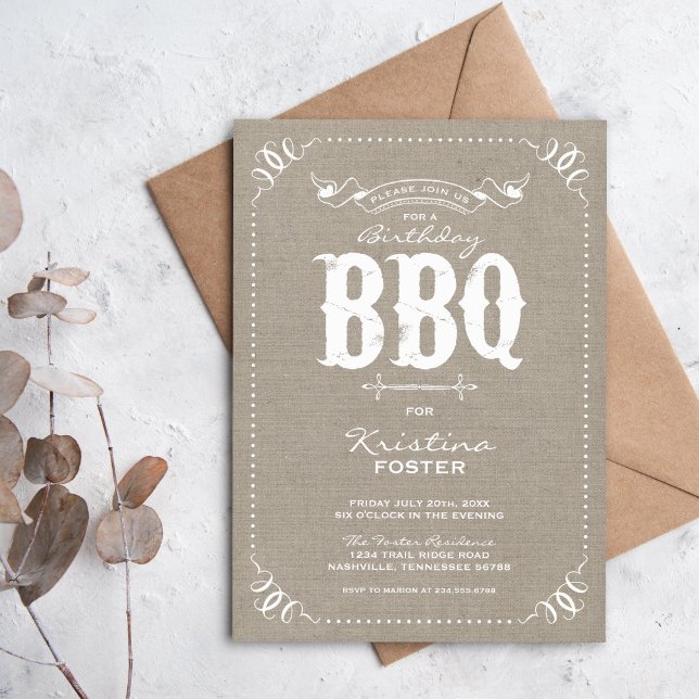 Burlap Rustic Vintage Chic Birthday Party BBQ Invitation (Creator Uploaded)