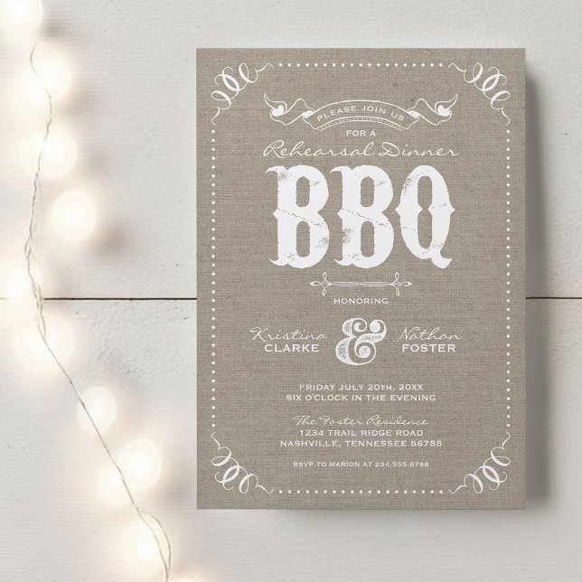 Burlap Rustic Vintage Rehearsal Dinner BBQ Invitation (Creator Uploaded)