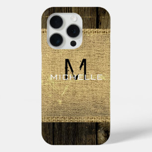 Burlap Rustic Vintage Wood Look Monogram iPhone 15 Pro Case