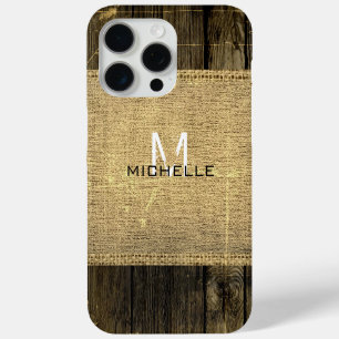 Burlap Rustic Vintage Wood Look Monogram iPhone 15 Pro Max Case
