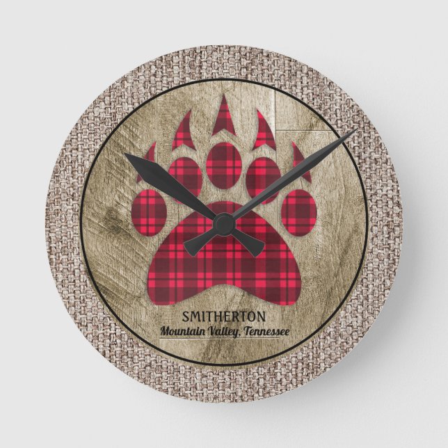 Burlap Rustic Wood Red Buffalo Plaid Bear Paw Round Clock (Front)