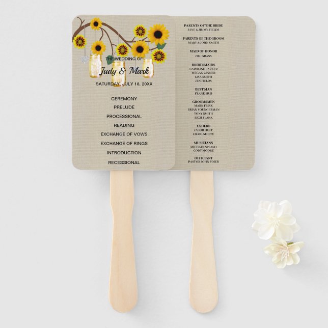 Burlap Rustic Yellow Floral Mason Jars Wedding Hand Fan (Front and Back)