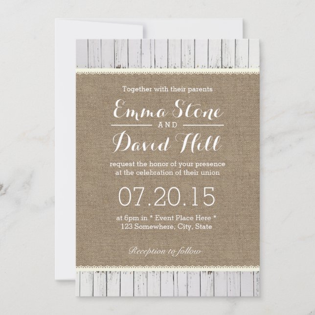 Burlap Rustique & Bandes De Bois Invitations De Ma (Devant)