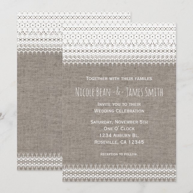 Burlap rustique & Elegant Lace Wedding Invitations (Devant / Derrière)