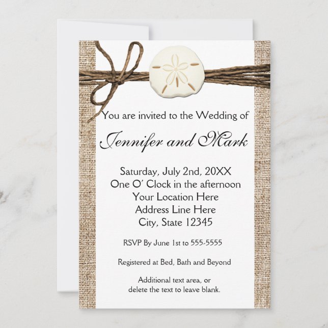 Burlap Sand Dollar Beach Rustic Wedding Invitation (Front)