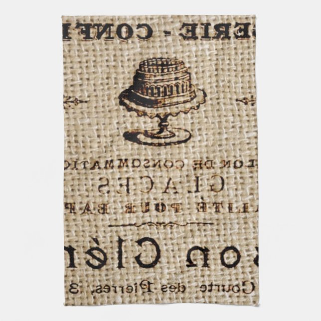 burlap scripts shabby chic french country cake kitchen towel (Vertical)