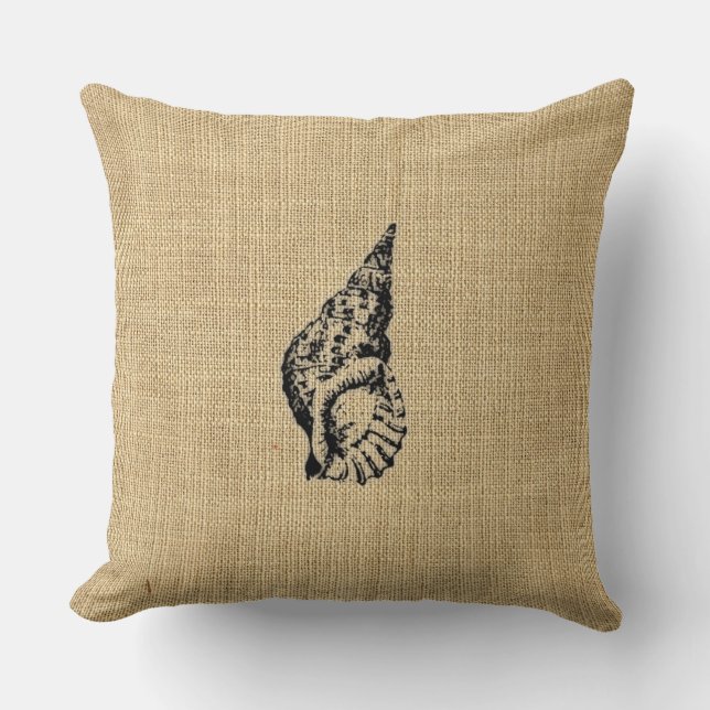 Burlap + SeaShell Illustration Sealife Design Throw Pillow (Front)
