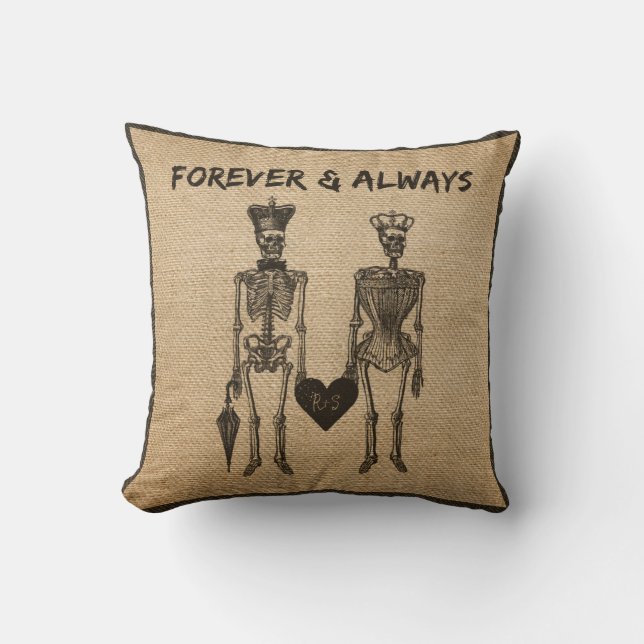 Burlap Skeleton Couple Forever Always Throw Pillow (Front)