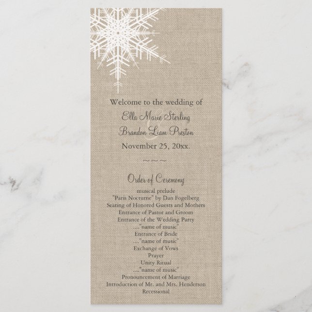 Burlap Snowflake Wedding Program (Front)