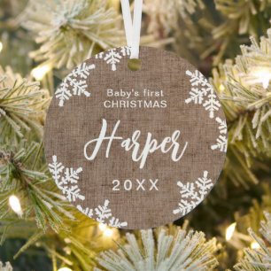 Burlap Snowflakes Baby's First Christmas Script Metal Ornament