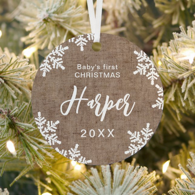 Burlap Snowflakes Baby's First Christmas Script Metal Ornament (Insitu)