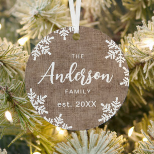 Burlap Snowflakes Custom Family Name Script Xmas Metal Ornament