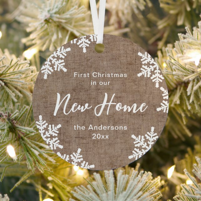 Burlap Snowflakes First Christmas In Our New Home Metal Ornament (Insitu)