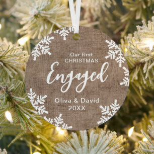 Burlap Snowflakes Our First Christmas Engaged Metal Ornament