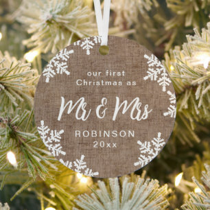 Burlap Snowflakes Our First Christmas Mr & Mrs Metal Ornament