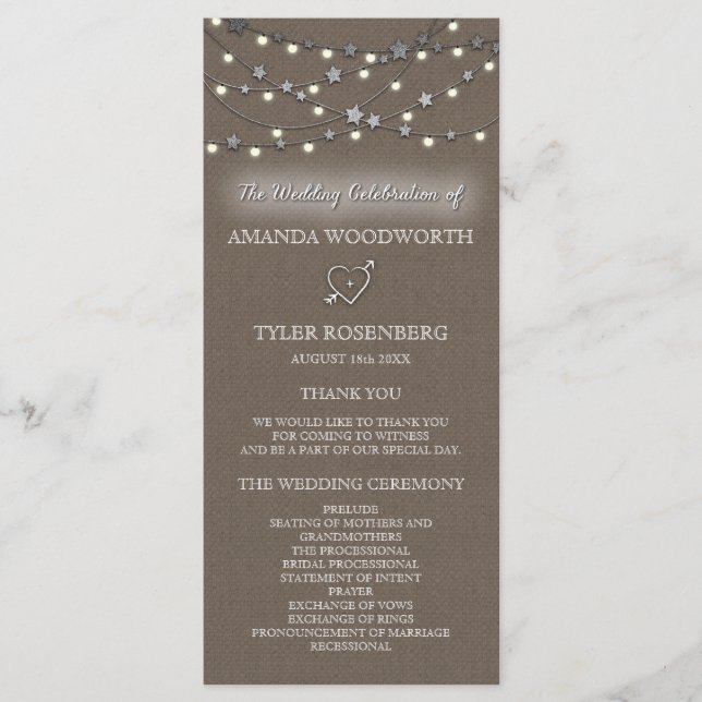 Burlap Star String Lights Rustic Wedding Programs (Front)