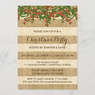 Burlap Stripes and Christmas Holly Party Invitation