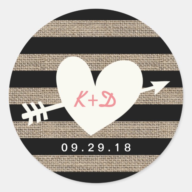 Burlap Stripes Heart & Arrow Rustic Wedding Favour Classic Round Sticker (Front)