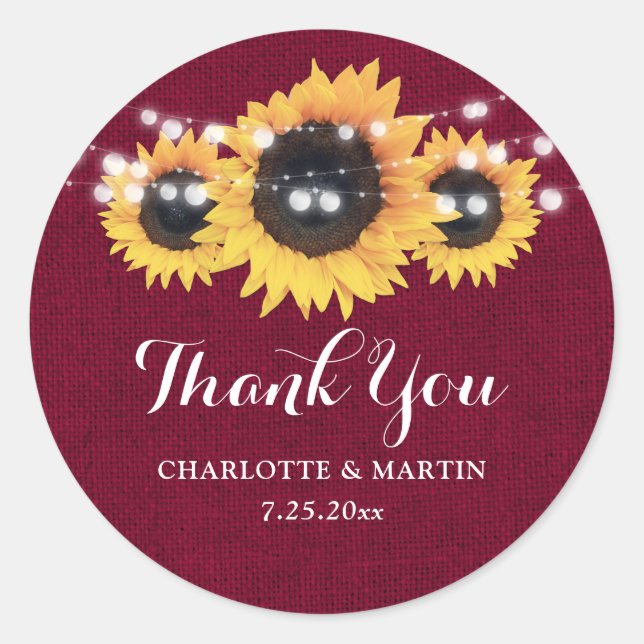 Burlap Sunflower Burgundy Red Thank You Stickers (Front)