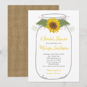 Burlap Sunflower Mason Jar Bridal Shower   white Invitation