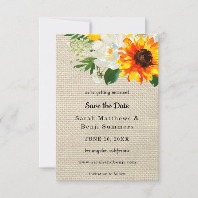 Burlap Sunflower & White Floral Save The Date V2 (Front)