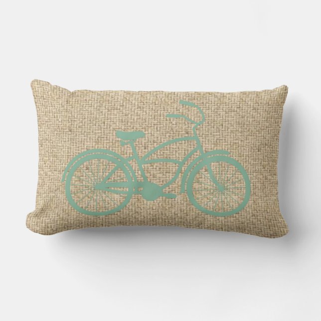 Burlap teal bicycle decorative pillow (Front)