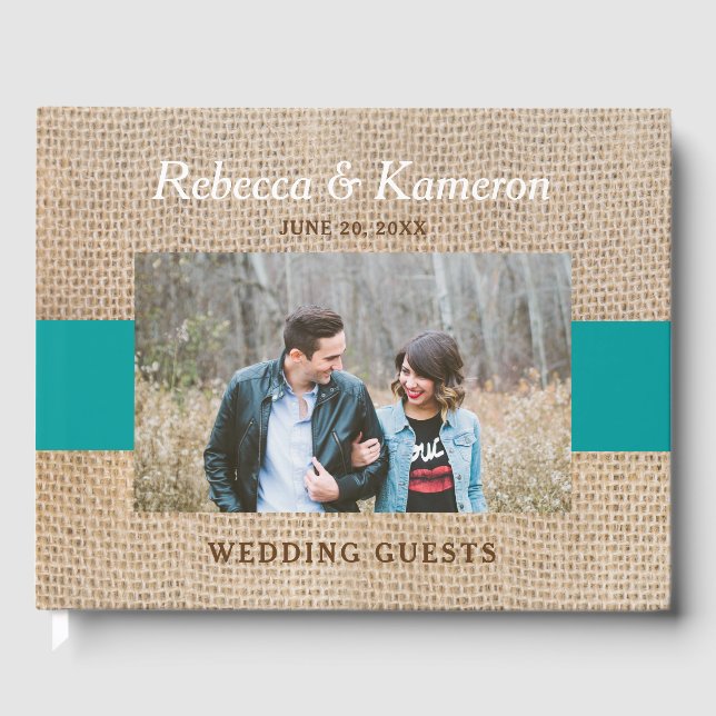 Burlap & Teal Colour Block Photo Wedding Guest Book (Front)