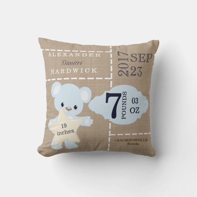 Burlap Teddy Bear Blue Birth Stats Keepsake Throw Pillow (Front)
