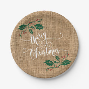 Burlap Texture Merry Christmas Paper Plate