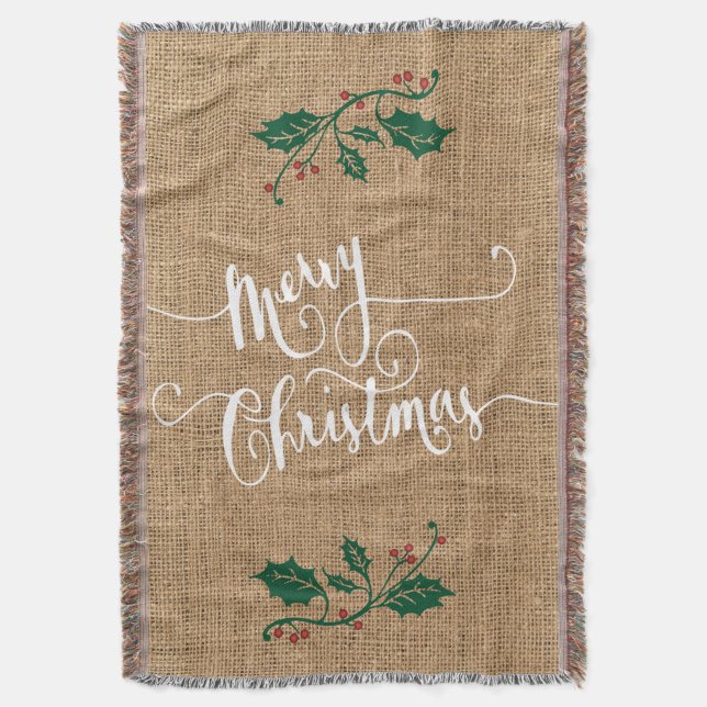 Burlap Texture Merry Christmas Throw Blanket (Front Vertical)
