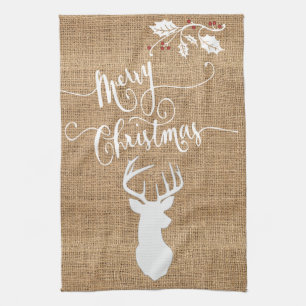 Burlap Texture Merry Christmas with Deer Kitchen Towel