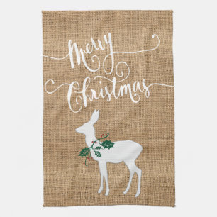 Burlap Texture Merry Christmas with Reindeer Kitchen Towel