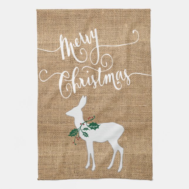 Burlap Texture Merry Christmas with Reindeer Kitchen Towel (Vertical)