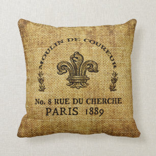 Burlap textured throw pillow with french logo
