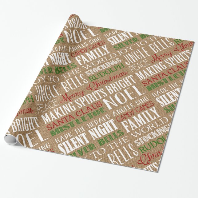 Burlap Typography Rustic Christmas Wrapping Paper (Unrolled)