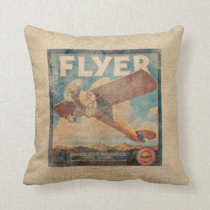 Burlap Vintage Airplane Throw Pillow