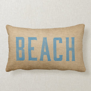 Burlap Vintage Beach Live Love Surf Blue Lumbar Pillow