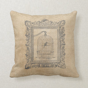 Burlap Vintage Bird Cage in Frame Throw Pillow