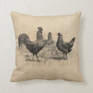 Burlap Vintage Chickens Script Throw Pillow