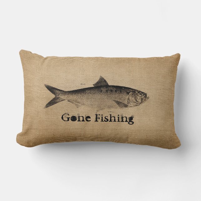 Burlap Vintage Fish Gone Fishing Lumbar Pillow (Front)