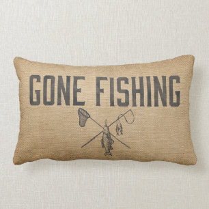 Burlap Vintage Gone Fishing Lumbar Pillow
