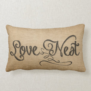 Burlap Vintage Love Nest Lumbar Pillow