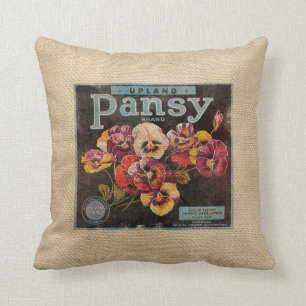 Burlap Vintage Pansey Flowers Throw Pillow