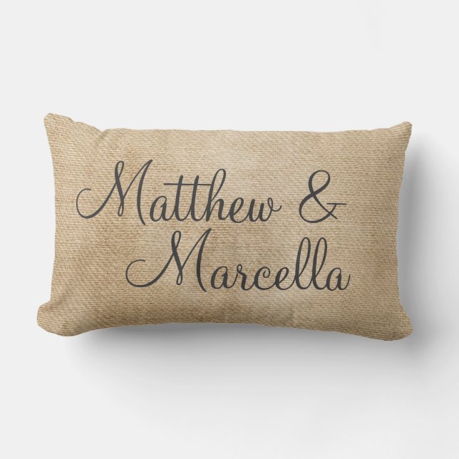 Burlap Vintage Personalize Wedding Names Date Lumbar Pillow (Front)