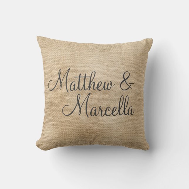 Burlap Vintage Personalize Wedding Names Date Throw Pillow (Front)