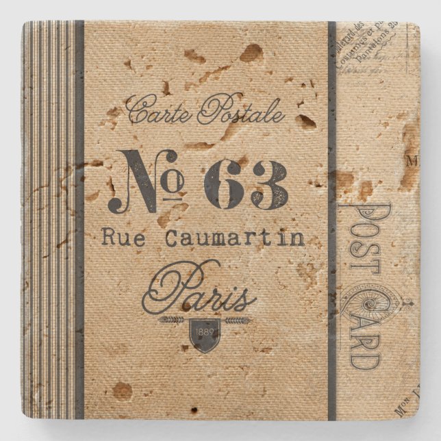 Burlap Vintage Postage French Country Stone Coaster (Front)